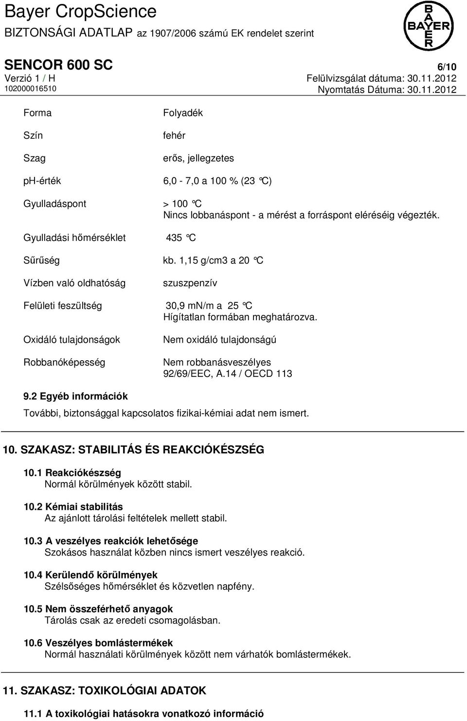 Oxidáló tulajdonságok Robbanóképesség Nem oxidáló tulajdonságú Nem robbanásveszélyes 92/69/EEC, A.14 / OECD 113 9.2 Egyéb információk További, biztonsággal kapcsolatos fizikai-kémiai adat nem ismert.