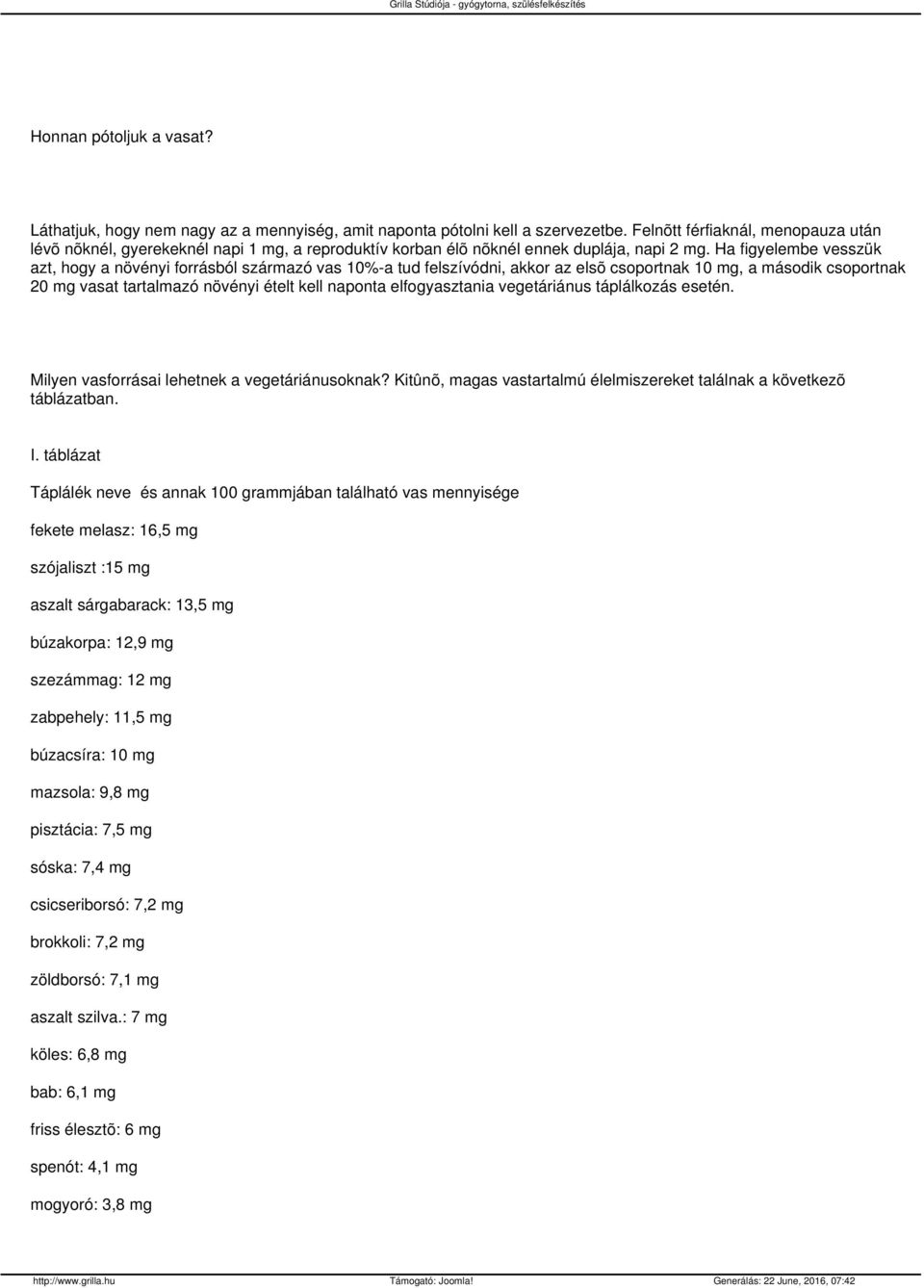 Ha figyelembe vesszük azt, hogy a növényi forrásból származó vas 10%-a tud felszívódni, akkor az elsõ csoportnak 10 mg, a második csoportnak 20 mg vasat tartalmazó növényi ételt kell naponta