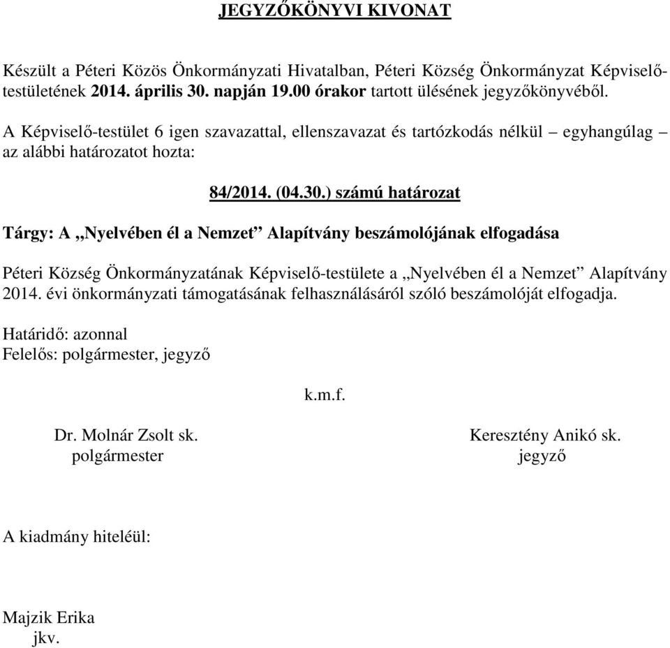 ) számú határozat Tárgy: A Nyelvében él a Nemzet Alapítvány beszámolójának elfogadása