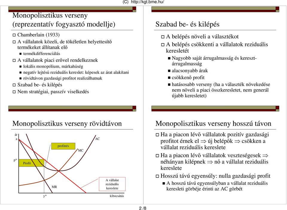 passzív viselkedés Szabad be- és kilépés A belépés növeli a választékot A belépés csökkenti a vállalatok reziduális keresletét Nagyobb saját árrugalmasság és keresztárrugalmasság alacsonyabb árak