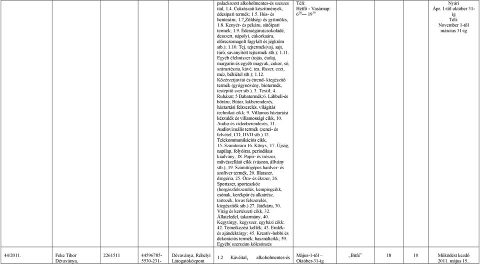 Egyéb élelmiszer (tojás, étolaj, margarin és egyéb magvak, cukor, só, száraztészta, kávé, tea, főszer, ecet, méz, bébiétel stb.); 1.12.