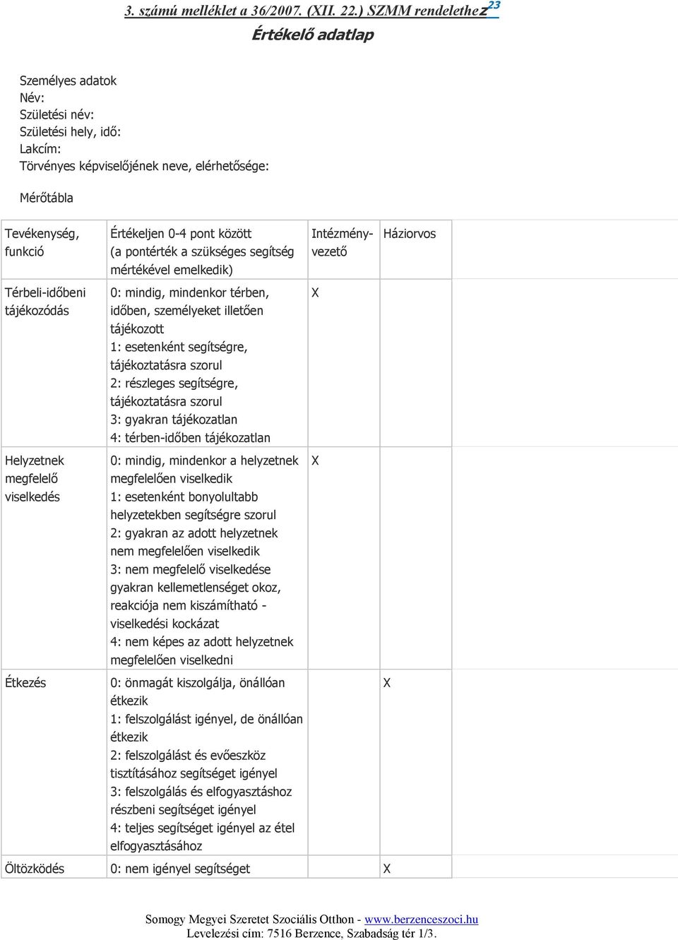 Intézmény- Háziorvos funkció (a pontérték a szükséges segítség vezető mértékével emelkedik) Térbeli-időbeni 0: mindig, mindenkor térben, tájékozódás időben, személyeket illetően tájékozott 1: