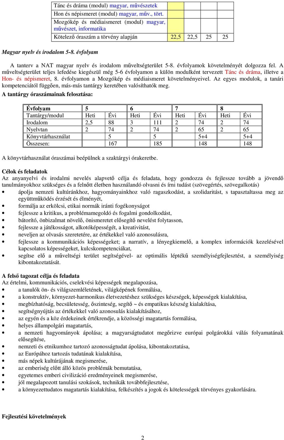 évfolyam A tanterv a NAT magyar nyelv és irodalom mőveltségterület 5-8. évfolyamok követelményét dolgozza fel.