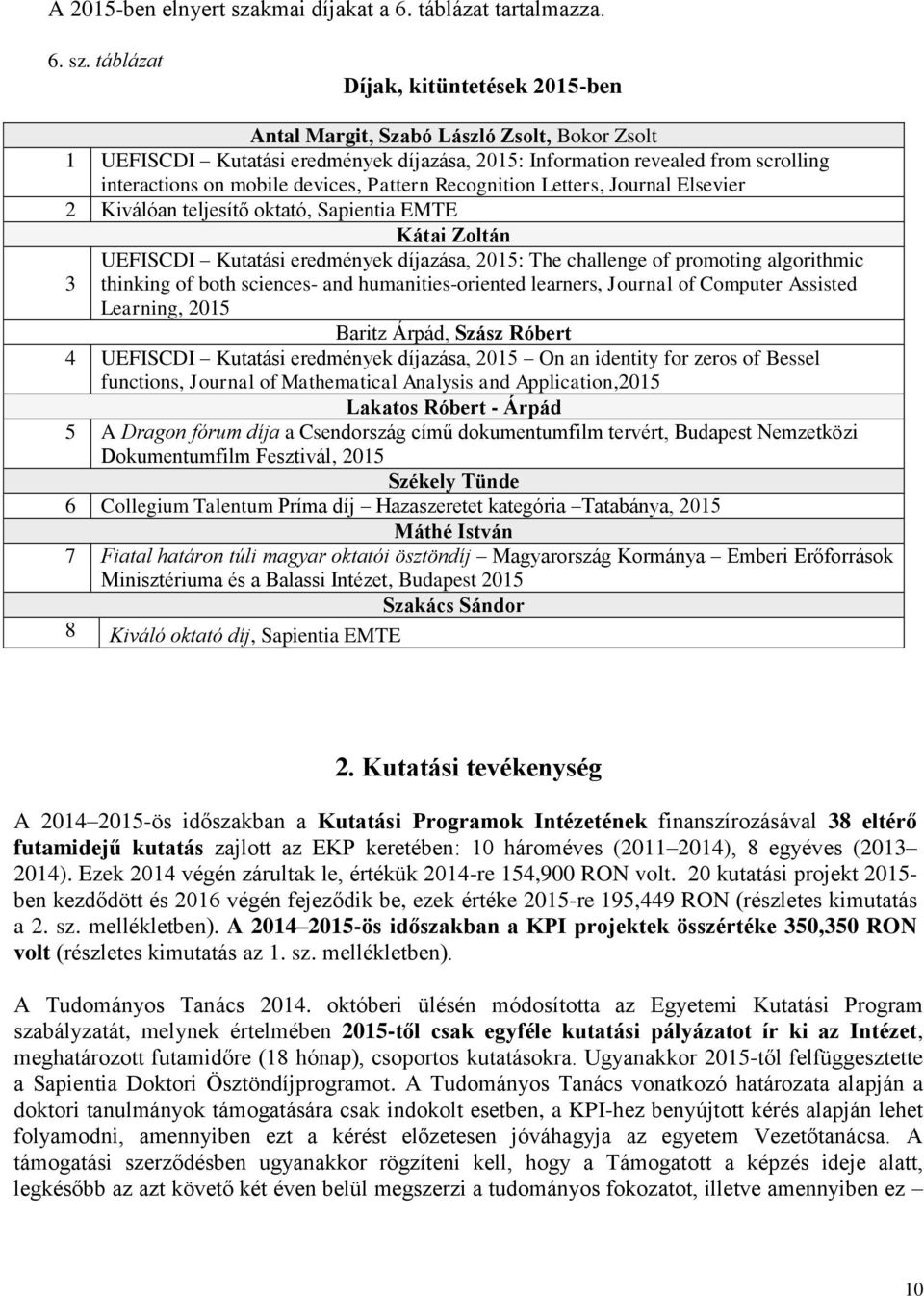 táblázat Díjak, kitüntetések 2015-ben Antal Margit, Szabó László Zsolt, Bokor Zsolt 1 UEFISCDI Kutatási eredmények díjazása, 2015: Information revealed from scrolling interactions on mobile devices,
