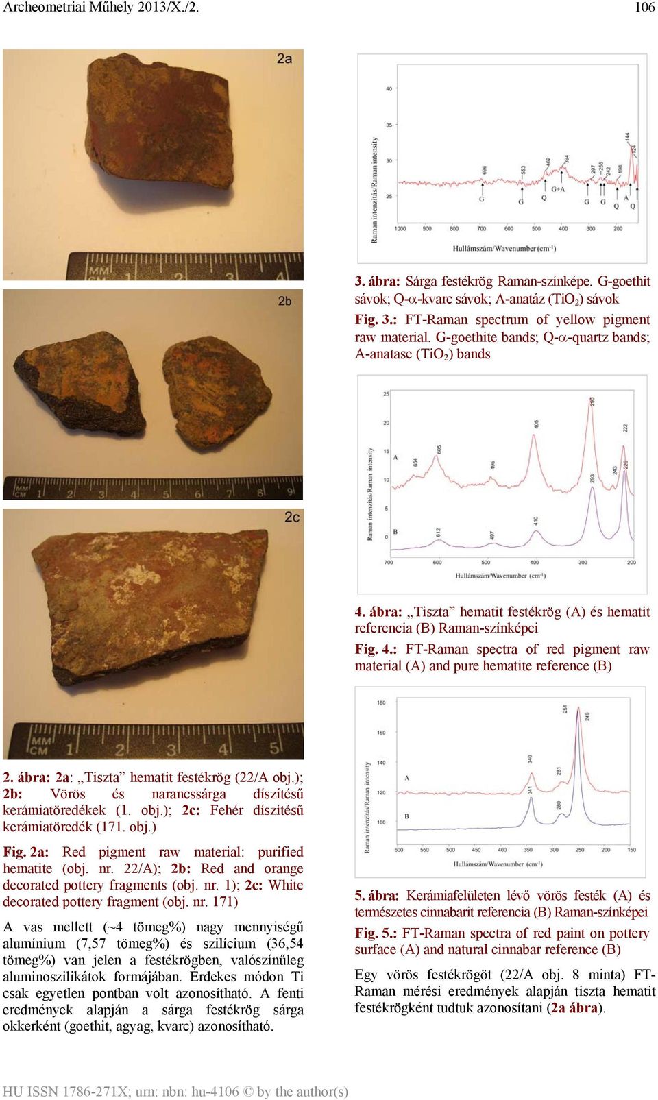 ábra: 2a: Tiszta hematit festékrög (22/A obj.); 2b: Vörös és narancssárga díszítésű töredékek (1. obj.); 2c: Fehér díszítésű töredék (171. obj.) Fig.
