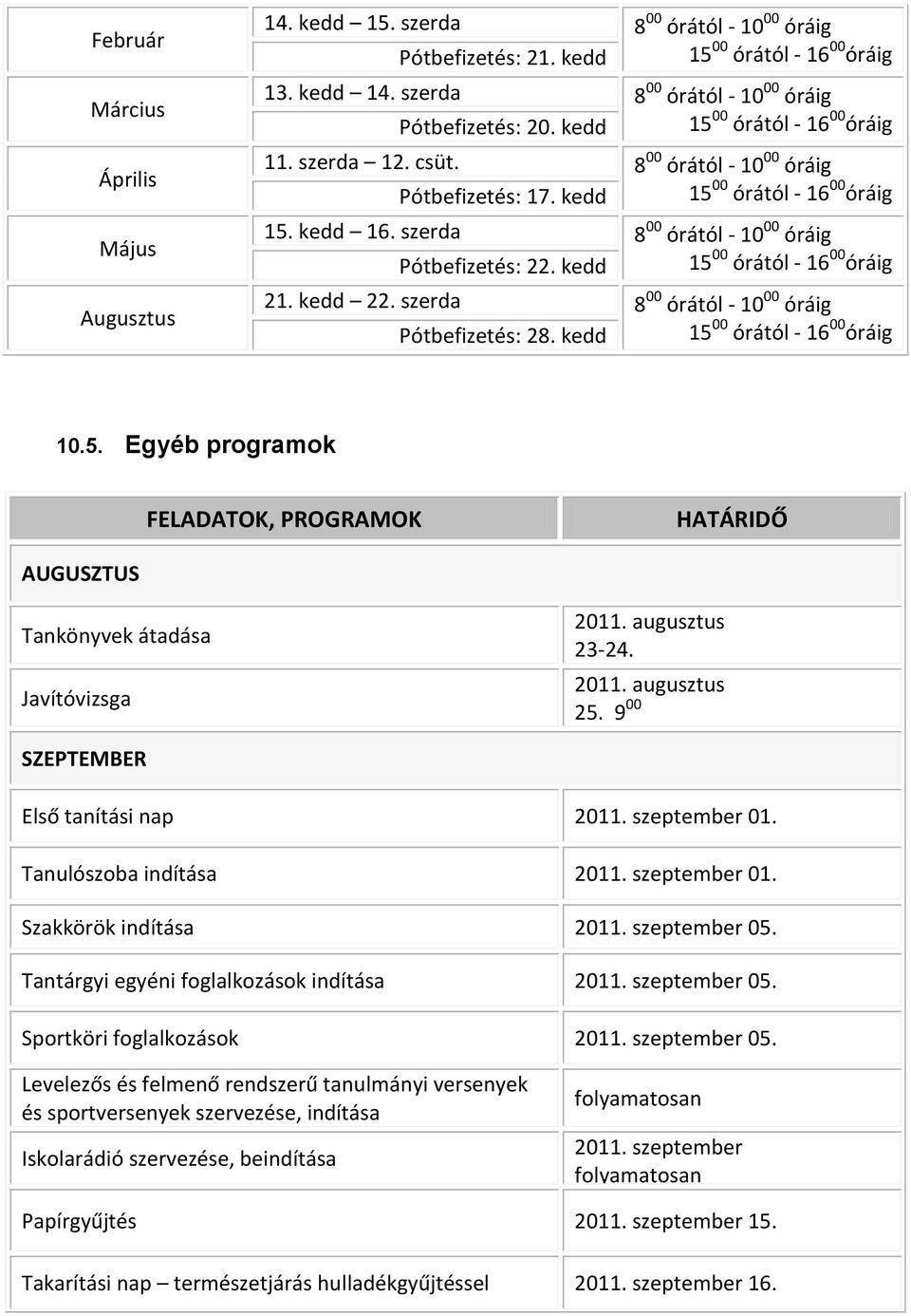 kedd 15 00 órától - 16 00 óráig 21. kedd 22. szerda 8 00 órától - 10 00 óráig Pótbefizetés: 28. kedd 15 00 órától - 16 00 óráig 10.5. Egyéb programok FELADATOK, PROGRAMOK AUGUSZTUS Tankönyvek átadása Javítóvizsga 2011.