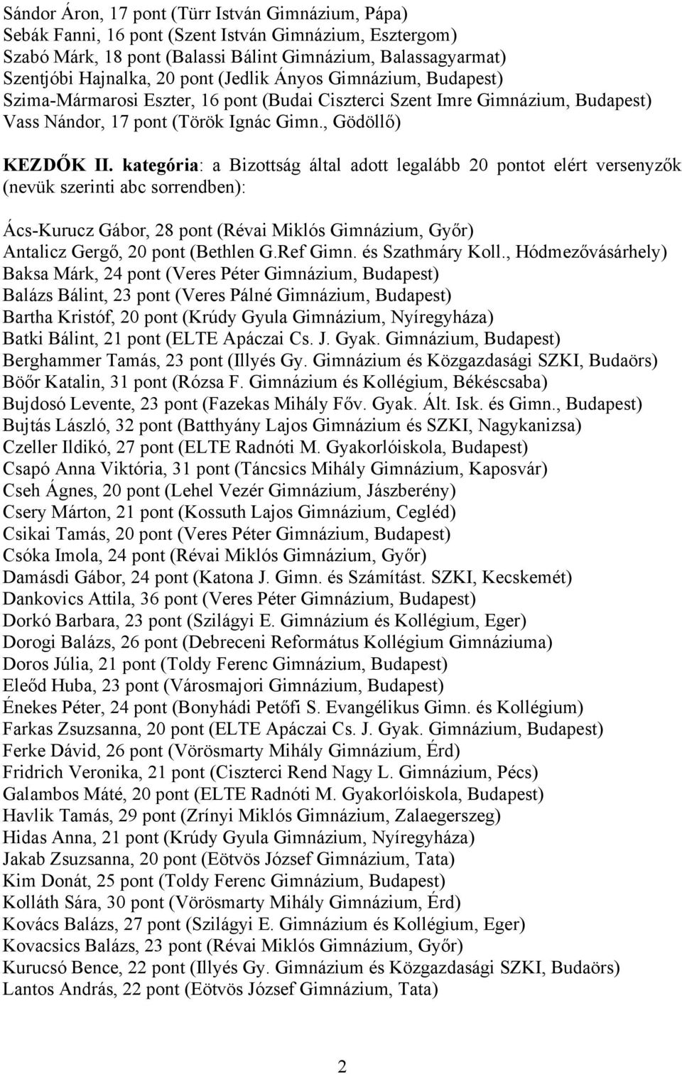 kategória: a Bizottság által adott legalább 20 pontot elért versenyzők Ács-Kurucz Gábor, 28 pont (Révai Miklós Gimnázium, Győr) Antalicz Gergő, 20 pont (Bethlen G.Ref Gimn. és Szathmáry Koll.