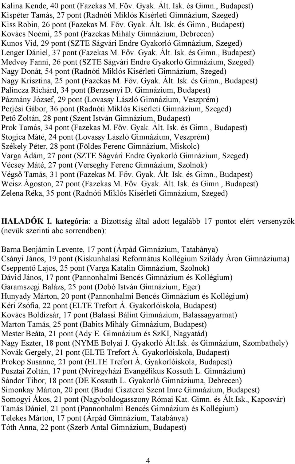 , Budapest) Kovács Noémi, 25 pont (Fazekas Mihály Gimnázium, Debrecen) Kunos Vid, 29 pont (SZTE Ságvári Endre Gyakorló Gimnázium, Szeged) Lenger Dániel, 37 pont (Fazekas M. Főv. Gyak. Ált. Isk.