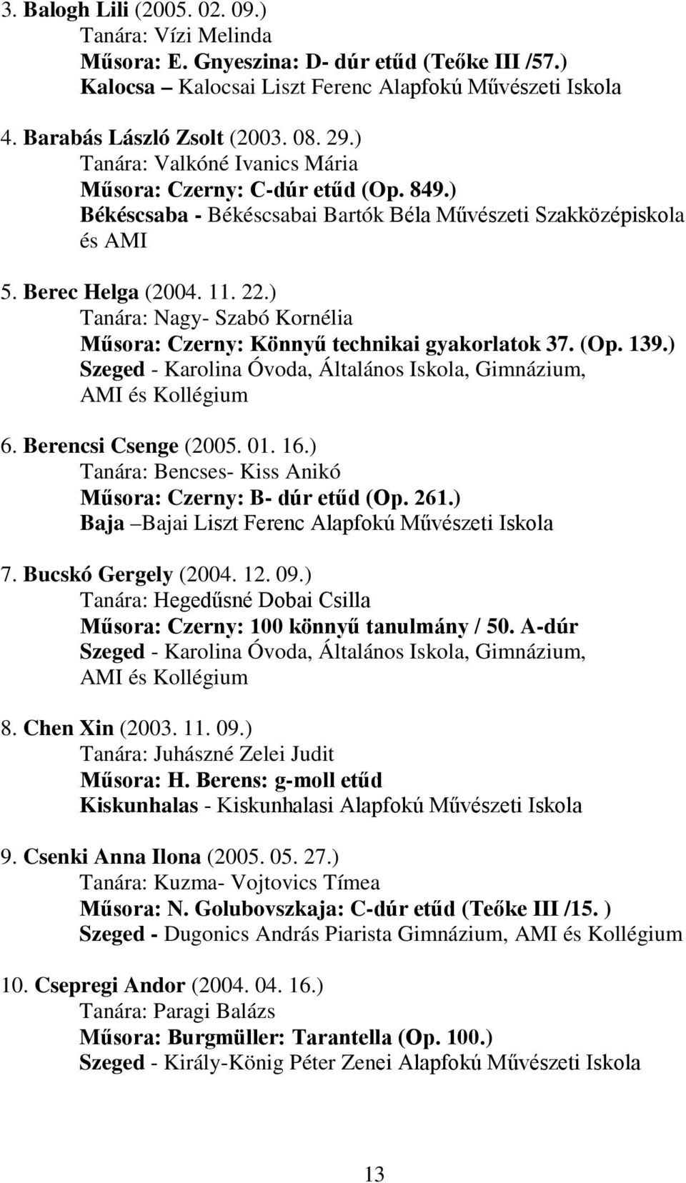 ) Tanára: Nagy- Szabó Kornélia Műsora: Czerny: Könnyű technikai gyakorlatok 37. (Op. 139.) Szeged - Karolina Óvoda, Általános Iskola, Gimnázium, AMI és Kollégium 6. Berencsi Csenge (2005. 01. 16.