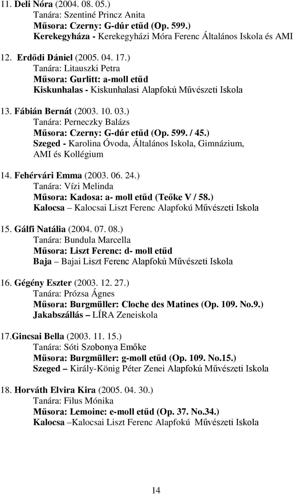 599. / 45.) Szeged - Karolina Óvoda, Általános Iskola, Gimnázium, AMI és Kollégium 14. Fehérvári Emma (2003. 06. 24.) Tanára: Vízi Melinda Műsora: Kadosa: a- moll etűd (Teőke V / 58.