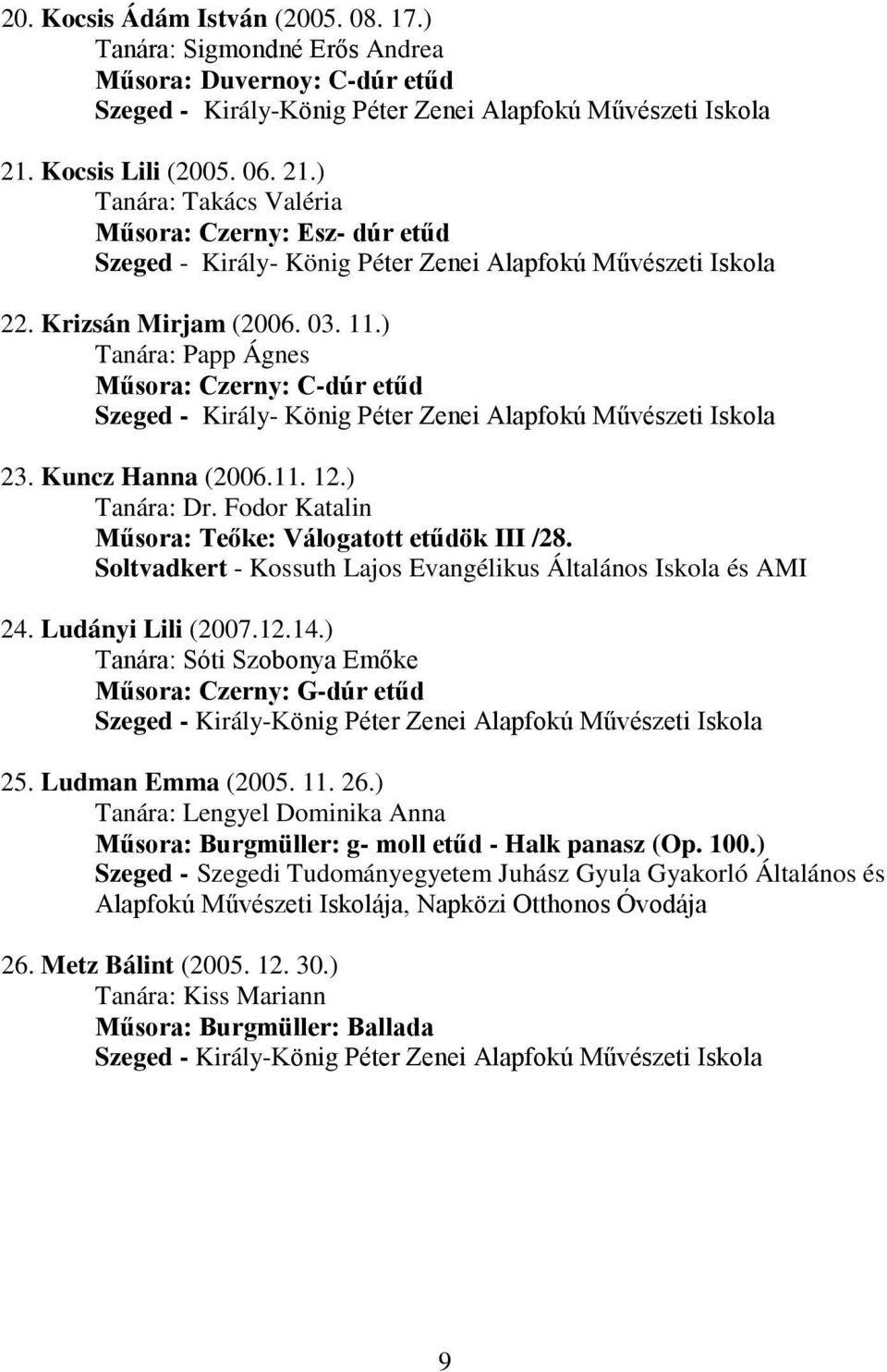 ) Tanára: Papp Ágnes Műsora: Czerny: C-dúr etűd Szeged - Király- König Péter Zenei Alapfokú Művészeti Iskola 23. Kuncz Hanna (2006.11. 12.) Tanára: Dr.