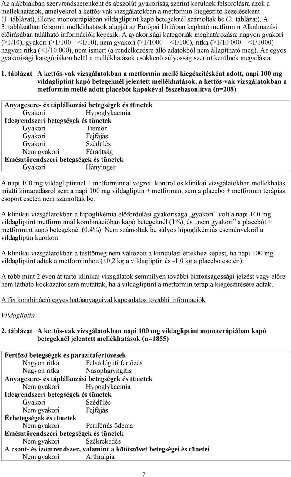 táblázatban felsorolt mellékhatások alapját az Európai Unióban kapható metformin Alkalmazási előírásában található információk képezik.