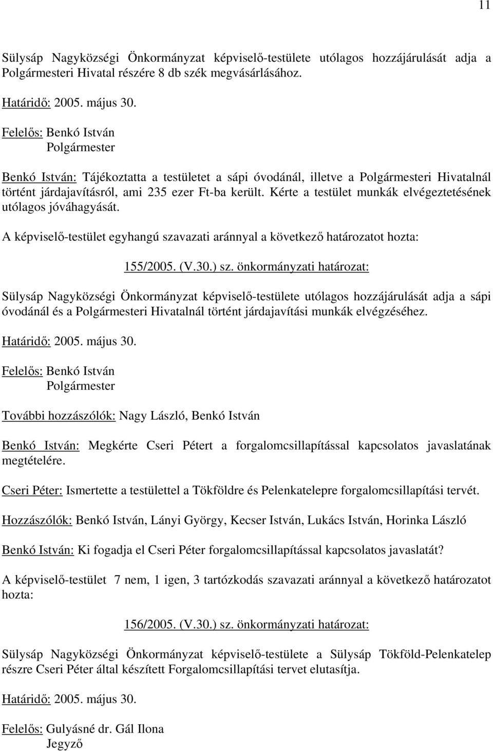 Kérte a testület munkák elvégeztetésének utólagos jóváhagyását. A képvisel-testület egyhangú szavazati aránnyal a következ 155/2005. (V.30.) sz.