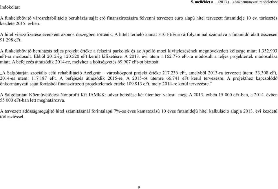 A hitel visszafizetése évenként azonos összegben történik. A hitelt terhelő kamat 310 Ft/Euro árfolyammal számolva a futamidő alatt összesen 91 298 eft.