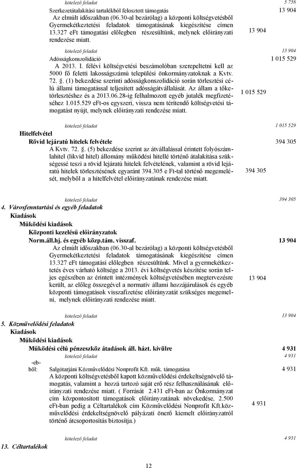 kötelező feladat 13 904 Adósságkonszolidáció 1 015 529 A 2013. I. félévi költségvetési beszámolóban szerepeltetni kell az 5000 fő feletti lakosságszámú települési önkormányzatoknak a Kvtv. 72.