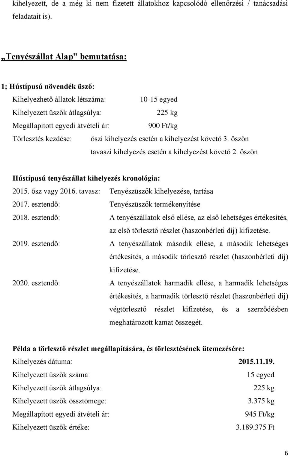 kezdése: őszi kihelyezés esetén a kihelyezést követő 3. őszön tavaszi kihelyezés esetén a kihelyezést követő 2. őszön Hústípusú tenyészállat kihelyezés kronológia: 2015. ősz vagy 2016.