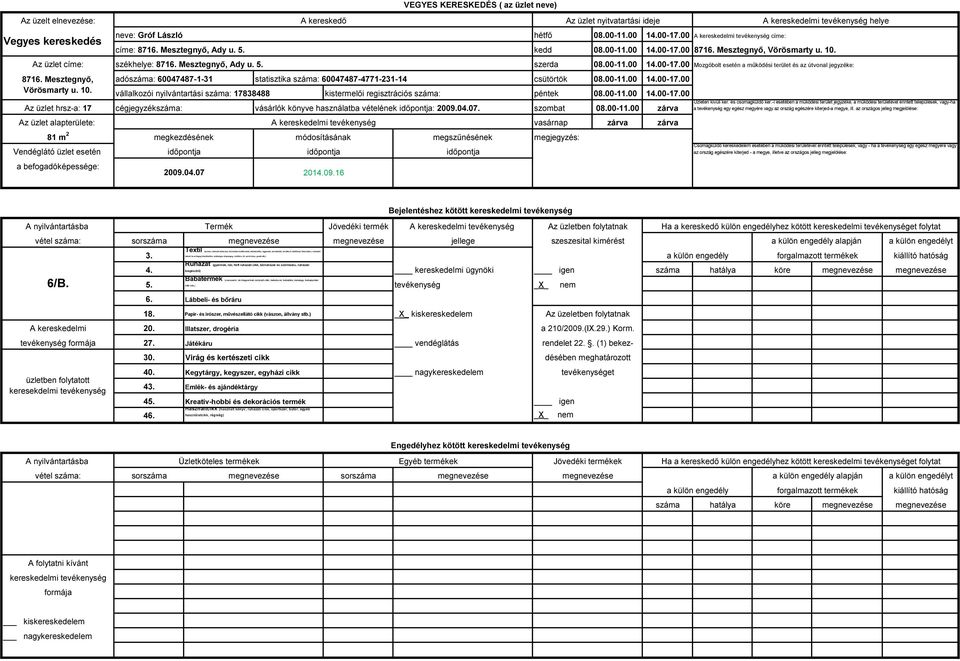 04.07. 81 m 2 neve: Gróf László adószáma: 60047487-1-31 statisztika száma: 60047487-4771-231-14 vállalkozói nyilvántartási száma: 17838488 A 2009.