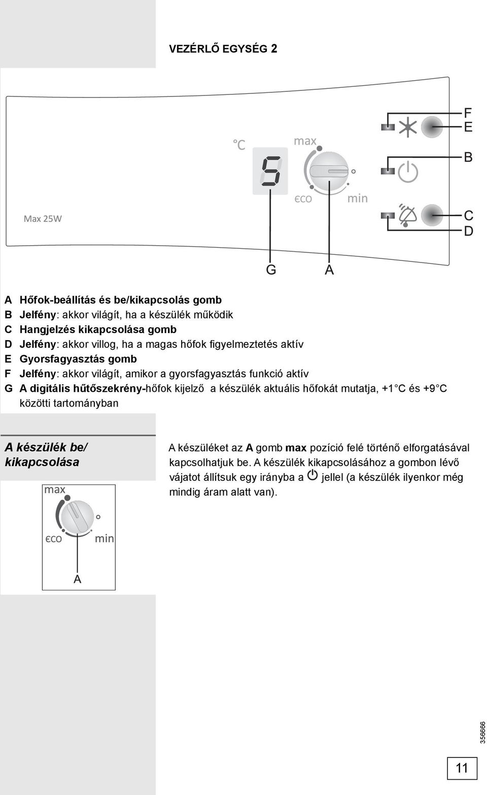 hűtőszekrény-hőfok kijelző a készülék aktuális hőfokát mutatja, +1 C és +9 C közötti tartományban A készülék be/ kikapcsolása A készüléket az A gomb max