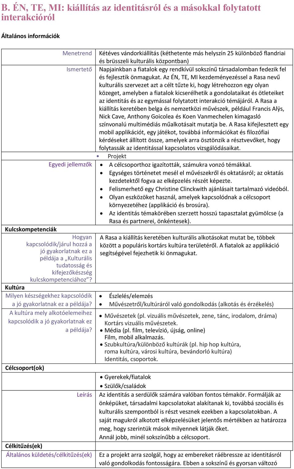 A kultúra mely alkotóelemeihez kapcsolódik a jó gyakorlatnak ez a példája?