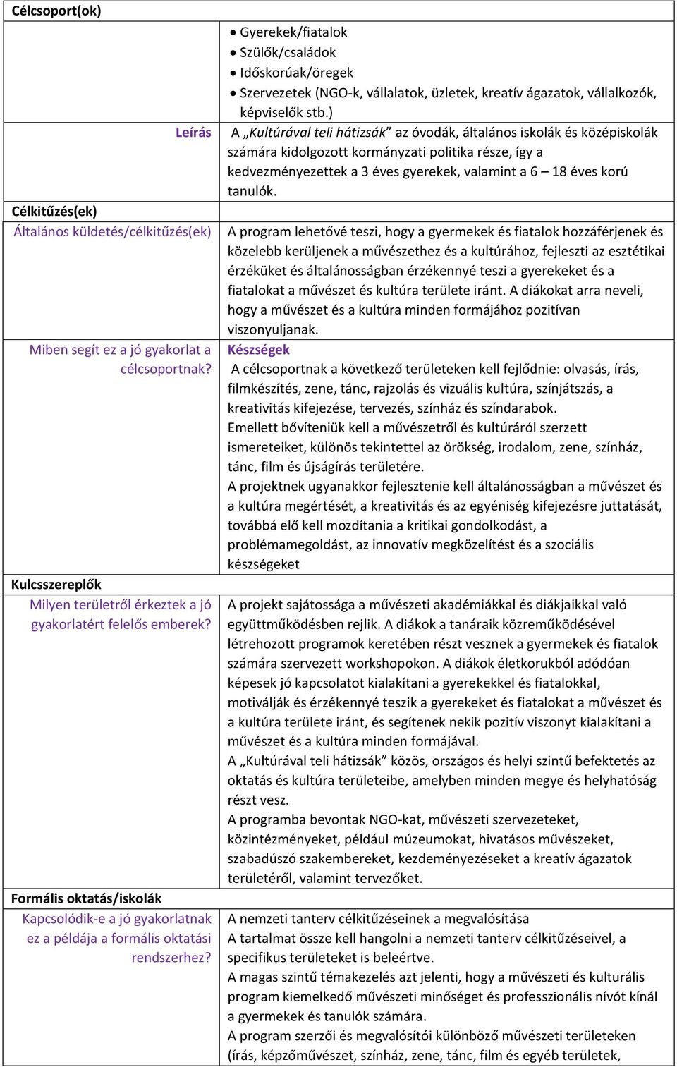 Gyerekek/fiatalok Szülők/családok Időskorúak/öregek Szervezetek (NGO-k, vállalatok, üzletek, kreatív ágazatok, vállalkozók, képviselők stb.