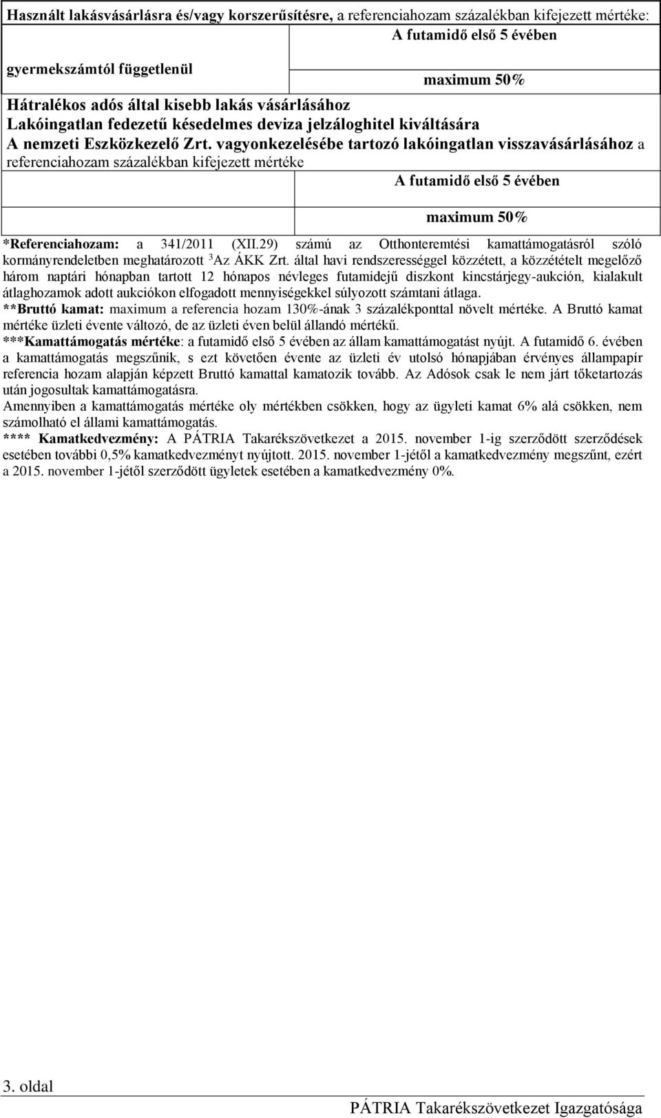 vagyonkezelésébe tartozó lakóingatlan visszavásárlásához a referenciahozam százalékban kifejezett mértéke A futamidő első 5 évében maximum 50% *Referenciahozam: a 341/2011 (XII.