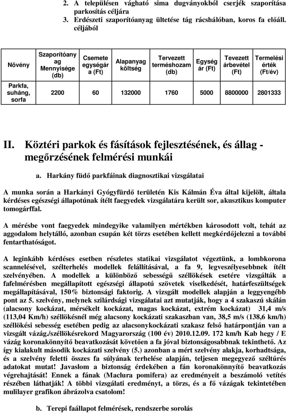 (Ft/év) 2200 60 132000 1760 5000 8800000 2801333 II. Köztéri parkok és fásítások fejlesztésének, és állag - meg rzésének felmérési munkái a.