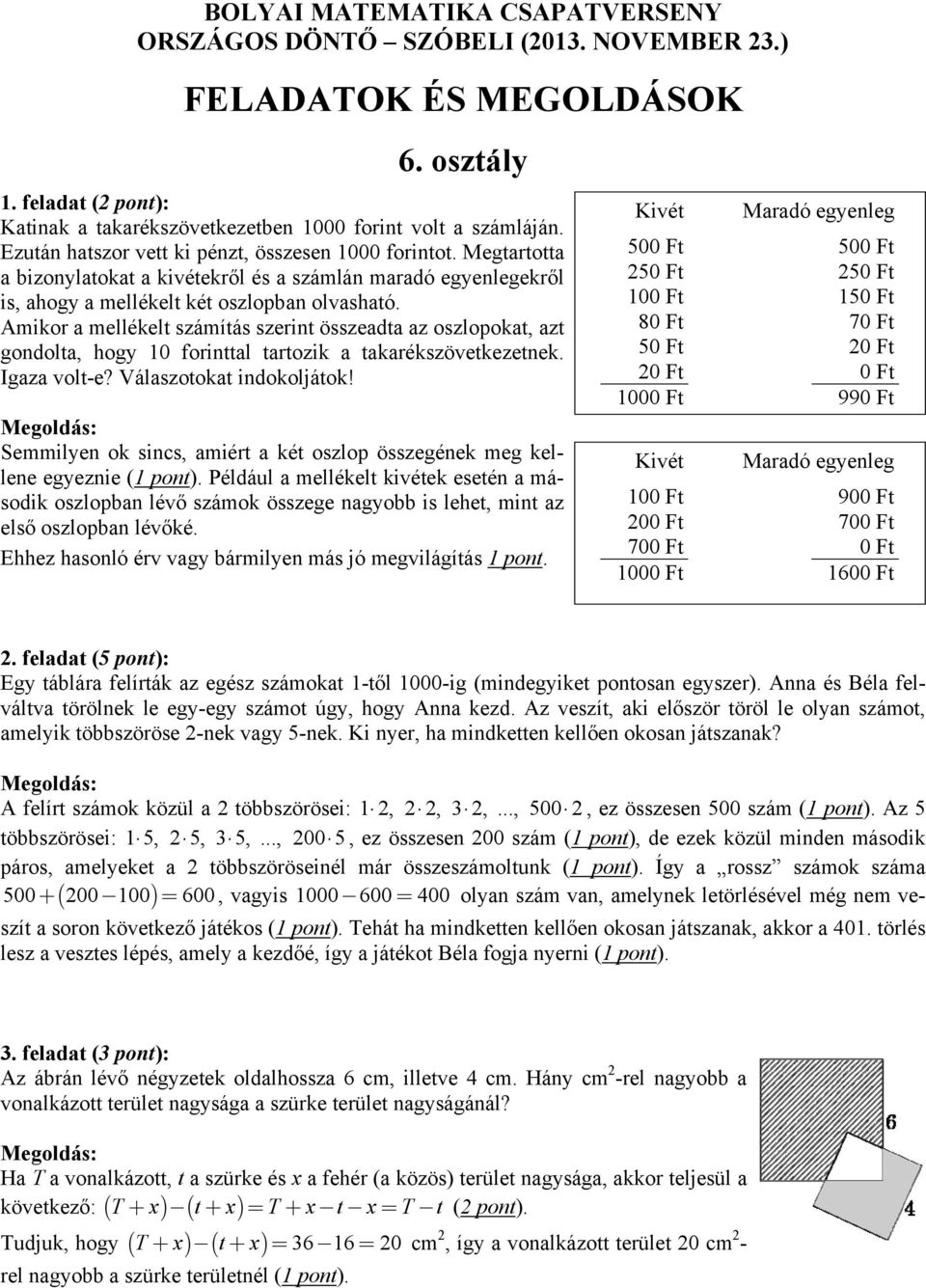 Amikor a mellékelt számítás szerint összeadta az oszlopokat, azt gondolta, hogy 10 forinttal tartozik a takarékszövetkezetnek. Igaza volt-e? Válaszotokat indokoljátok!