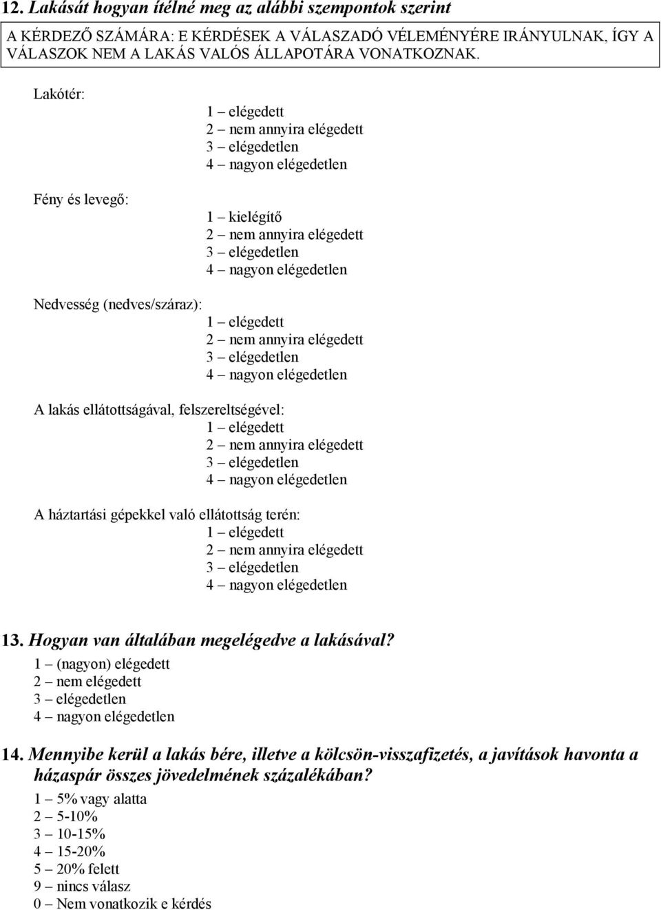 elégedett 2 nem annyira elégedett 3 elégedetlen 4 nagyon elégedetlen A lakás ellátottságával, felszereltségével: 1 elégedett 2 nem annyira elégedett 3 elégedetlen 4 nagyon elégedetlen A háztartási