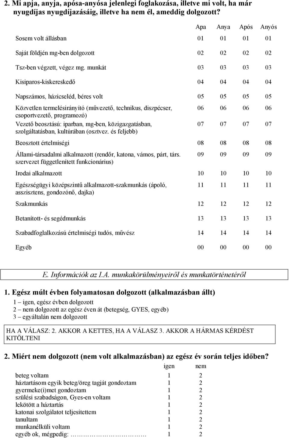 munkát 03 03 03 03 Kisiparos-kiskereskedő 04 04 04 04 Napszámos, házicseléd, béres volt 05 05 05 05 Közvetlen termelésirányító (művezető, technikus, diszpécser, 06 06 06 06 csoportvezető, programozó)