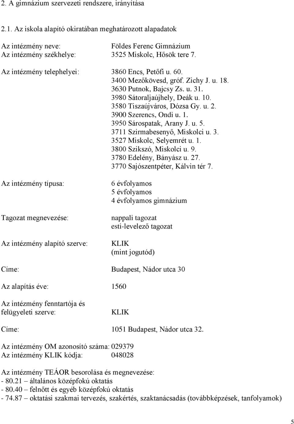 3400 Mezőkövesd, gróf. Zichy J. u. 18. 3630 Putnok, Bajcsy Zs. u. 31. 3980 Sátoraljaújhely, Deák u. 10. 3580 Tiszaújváros, Dózsa Gy. u. 2. 3900 Szerencs, Ondi u. 1. 3950 Sárospatak, Arany J. u. 5.