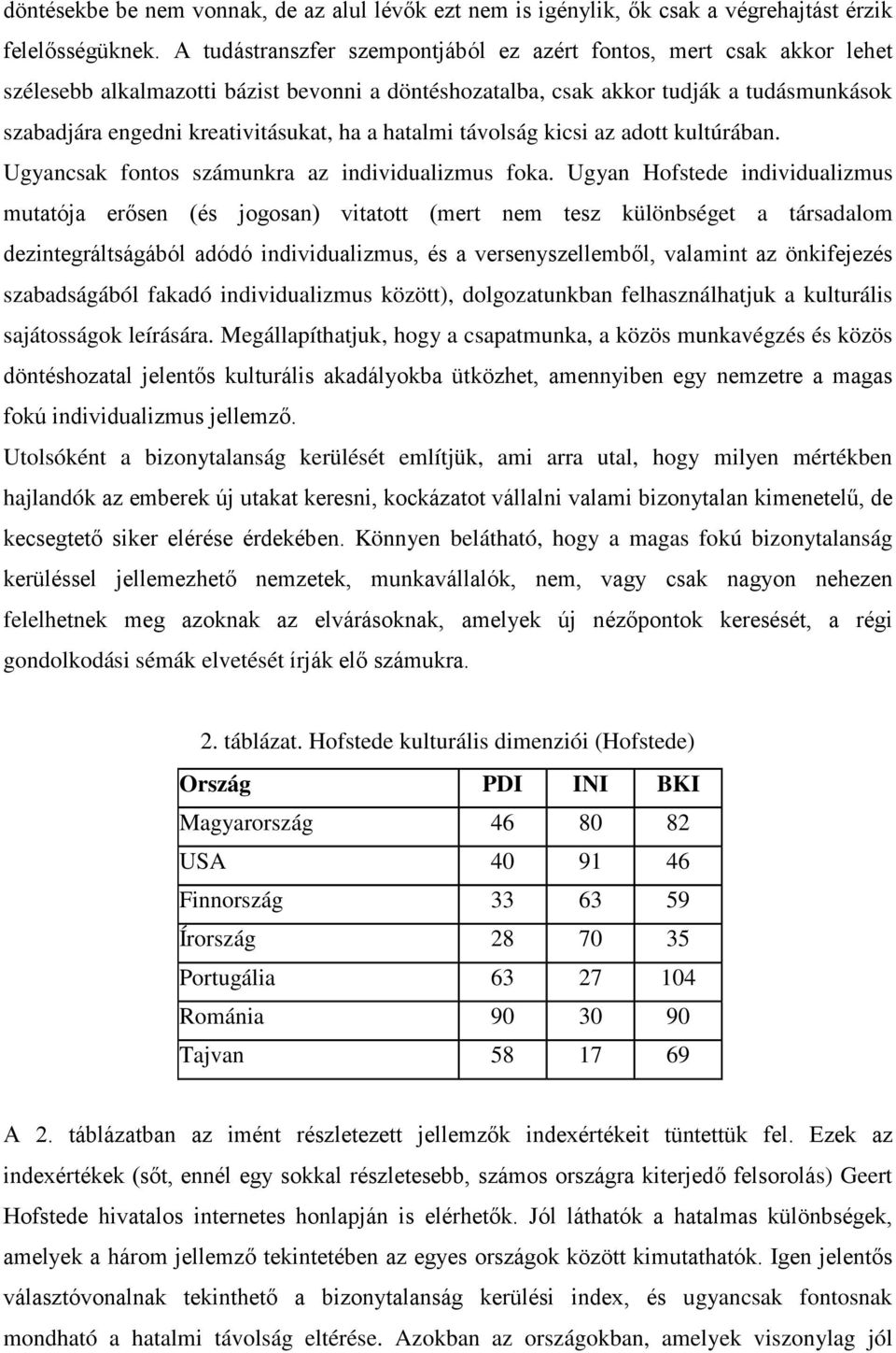 a hatalmi távolság kicsi az adott kultúrában. Ugyancsak fontos számunkra az individualizmus foka.