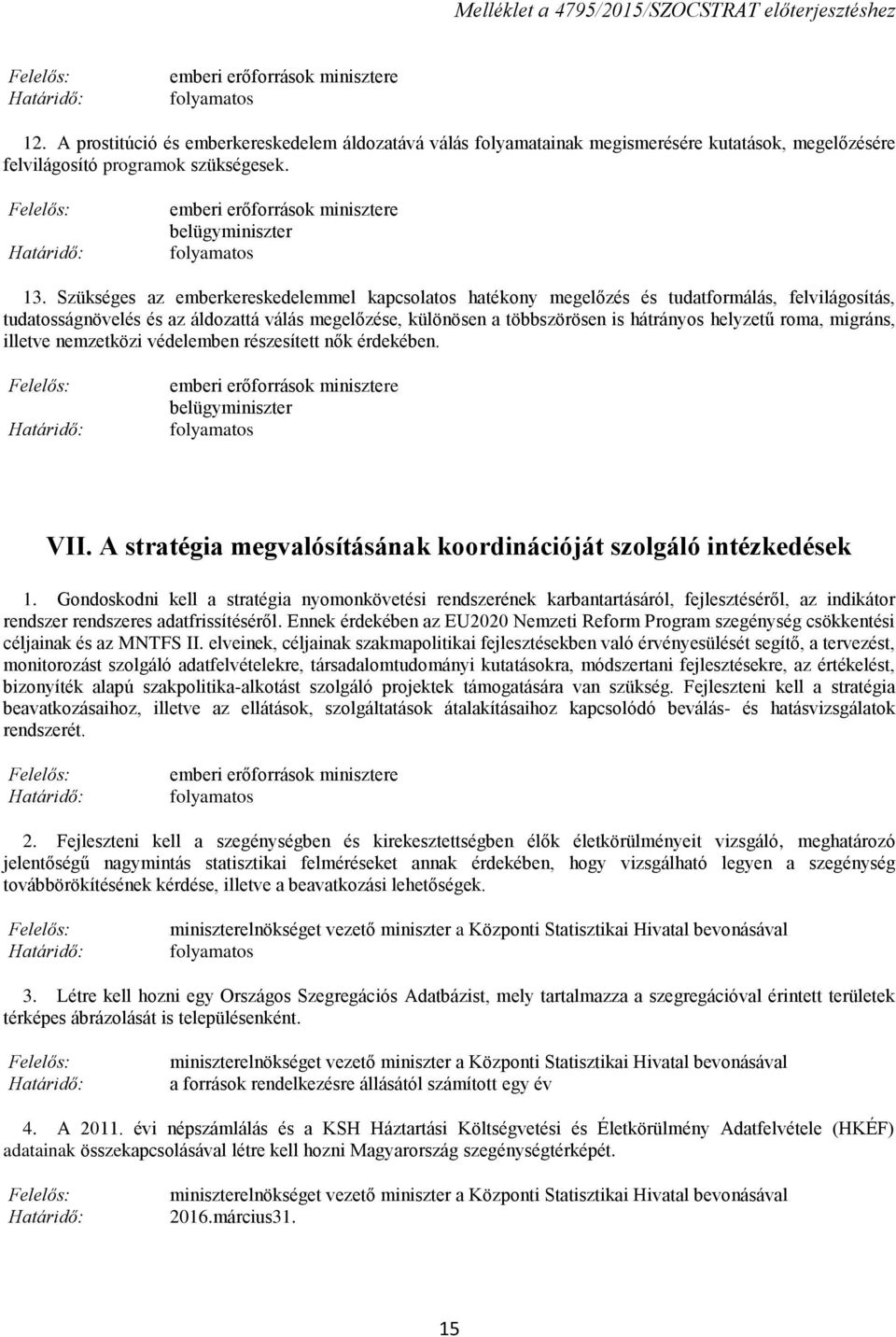 roma, migráns, illetve nemzetközi védelemben részesített nők érdekében. VII. A stratégia megvalósításának koordinációját szolgáló intézkedések 1.