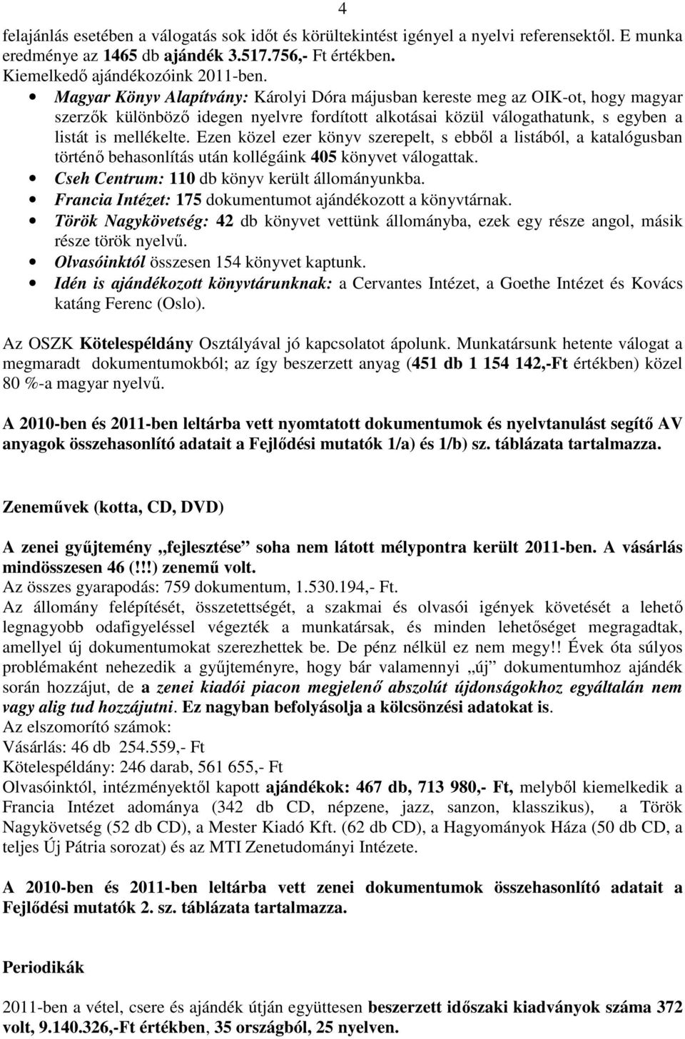 Ezen közel ezer könyv szerepelt, s ebbıl a listából, a katalógusban történı behasonlítás után kollégáink 405 könyvet válogattak. Cseh Centrum: 110 db könyv került állományunkba.