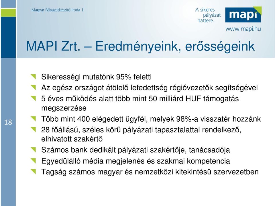 éves működés alatt több mint 50 milliárd HUF támogatás megszerzése Több mint 400 elégedett ügyfél, melyek 98%-a visszatér