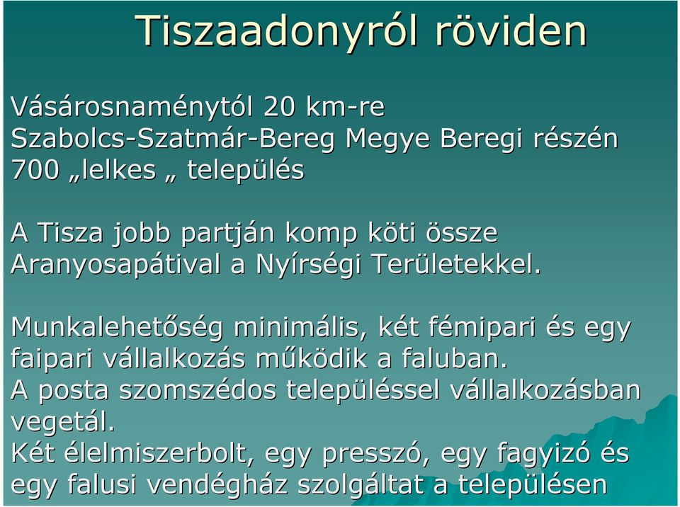 Munkalehetőség minimális, két fémipari és egy faipari vállalkozás működik a faluban.