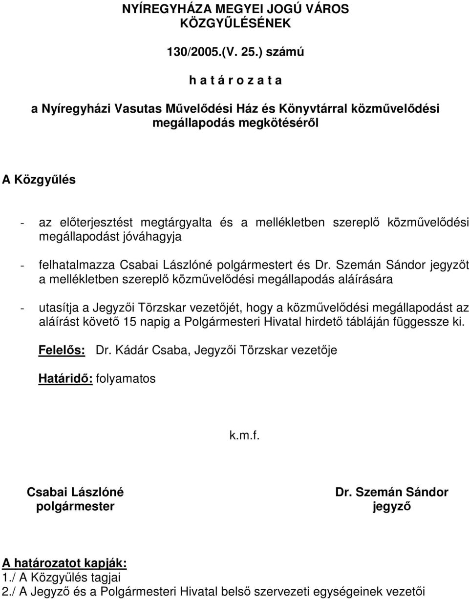 közművelődési megállapodást jóváhagyja - felhatalmazza Csabai Lászlóné polgármestert és Dr.