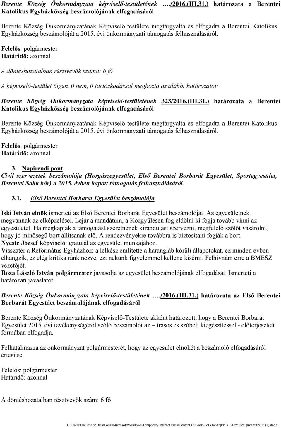 beszámolóját a 2015. e vi önkormányzati támogatás felhasználásáról.