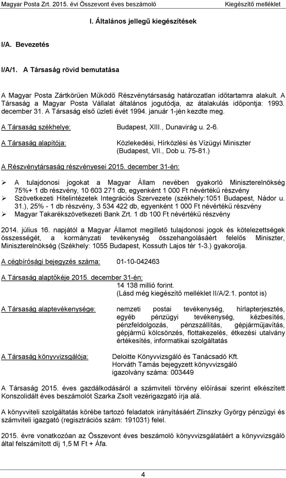 , Dunavirág u. 2-6. A Társaság alapítója: Közlekedési, Hírközlési és Vízügyi Miniszter (Budapest, VII., Dob u. 75-81.) A Részvénytársaság részvényesei 2015.