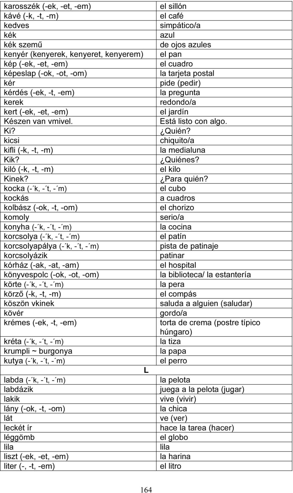 kocka (- k, - t, - m) kockás kolbász (-ok, -t, -om) komoly konyha (- k, - t, - m) korcsolya (- k, - t, - m) korcsolyapálya (- k, - t, - m) korcsolyázik kórház (-ak, -at, -am) könyvespolc (-ok, -ot,