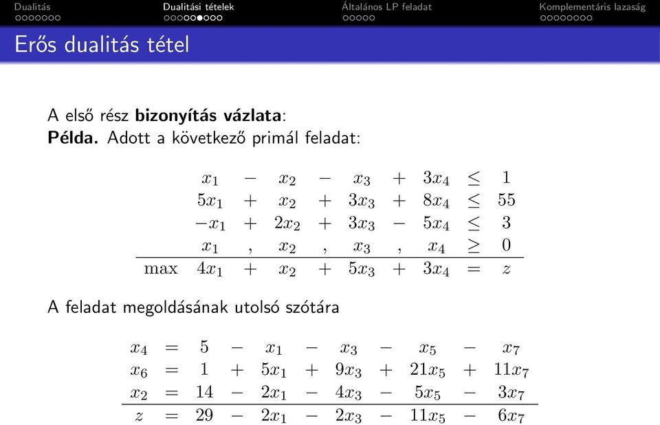 + 3x 3 5x 4 3 x 1, x 2, x 3, x 4 0 max 4x 1 + x 2 + 5x 3 + 3x 4 = z A feladat megoldásának