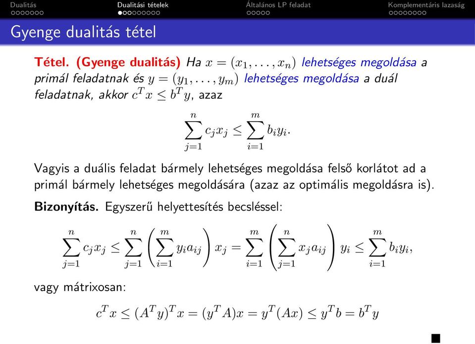 j=1 Vagyis a duális feladat bármely lehetséges megoldása felső korlátot ad a primál bármely lehetséges megoldására (azaz az optimális