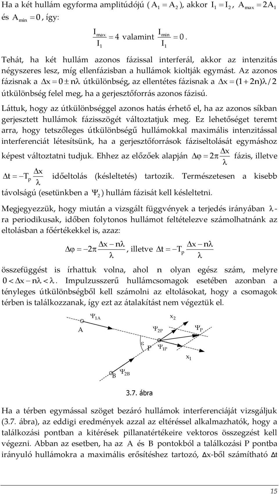 Az azonos fázisnak a x n útkülönbség, az ellentétes fázisnak a x ( n) / útkülönbség felel meg, ha a gerjesztőforrás azonos fázisú.