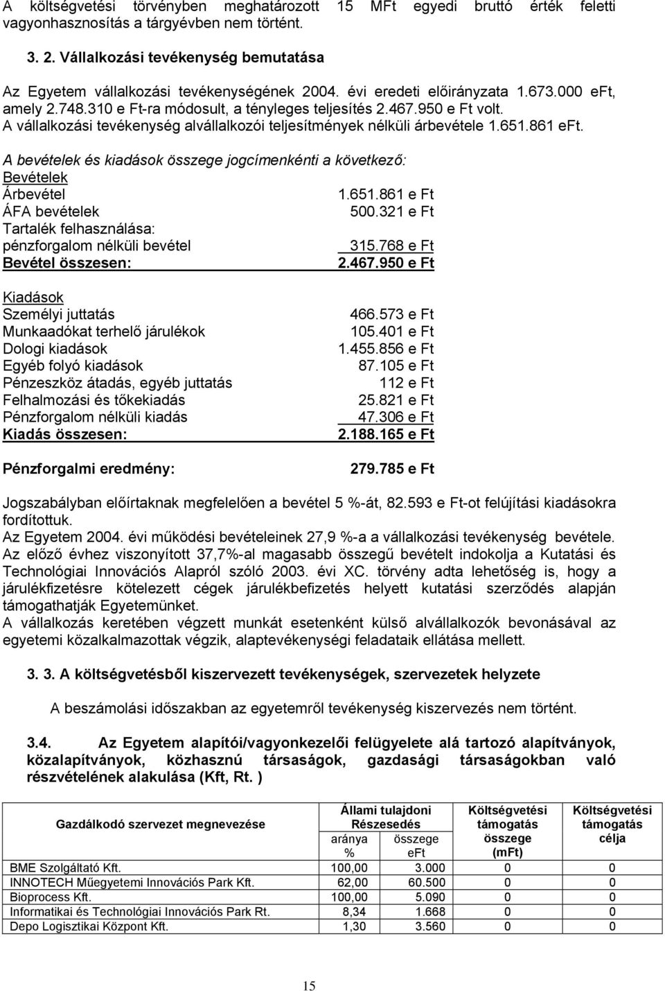 A vállalkozási tevékenység alvállalkozói teljesítmények nélküli árbevétele 1.651.861. A bevételek és kiadások összege jogcímenkénti a következő: B evételek Árbevétel 1.651.861 e Ft ÁFA bevételek 500.