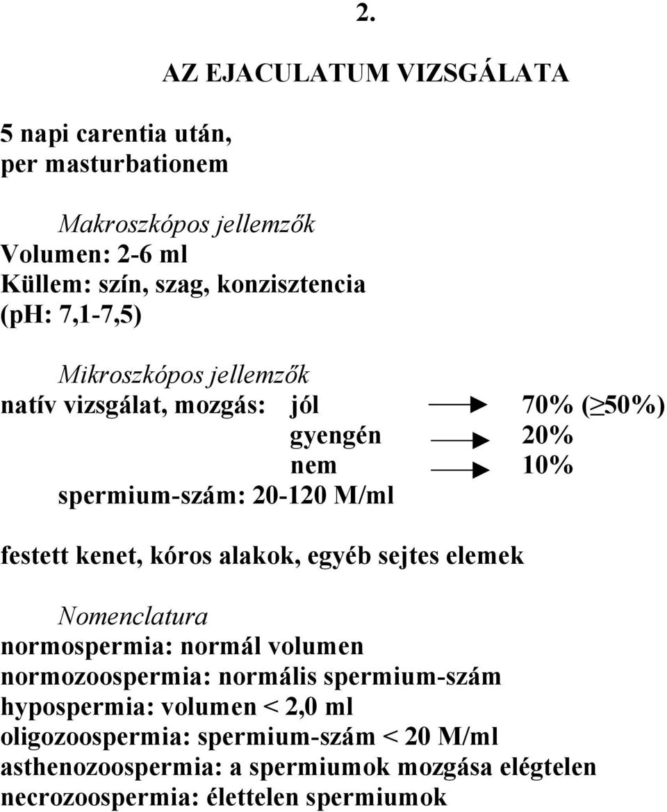 natív vizsgálat, mozgás: jól 70% ( 50%) gyengén 20% nem 10% spermium-szám: 20-120 M/ml festett kenet, kóros alakok, egyéb sejtes elemek