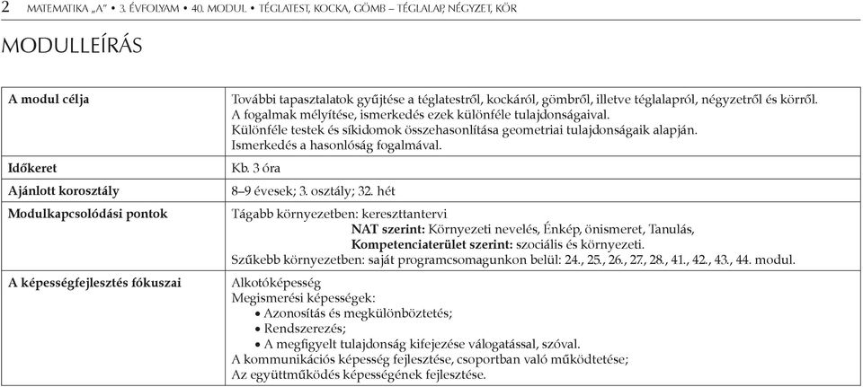 téglatestről, kockáról, gömbről, illetve téglalapról, négyzetről és körről. A fogalmak mélyítése, ismerkedés ezek különféle tulajdonságaival.