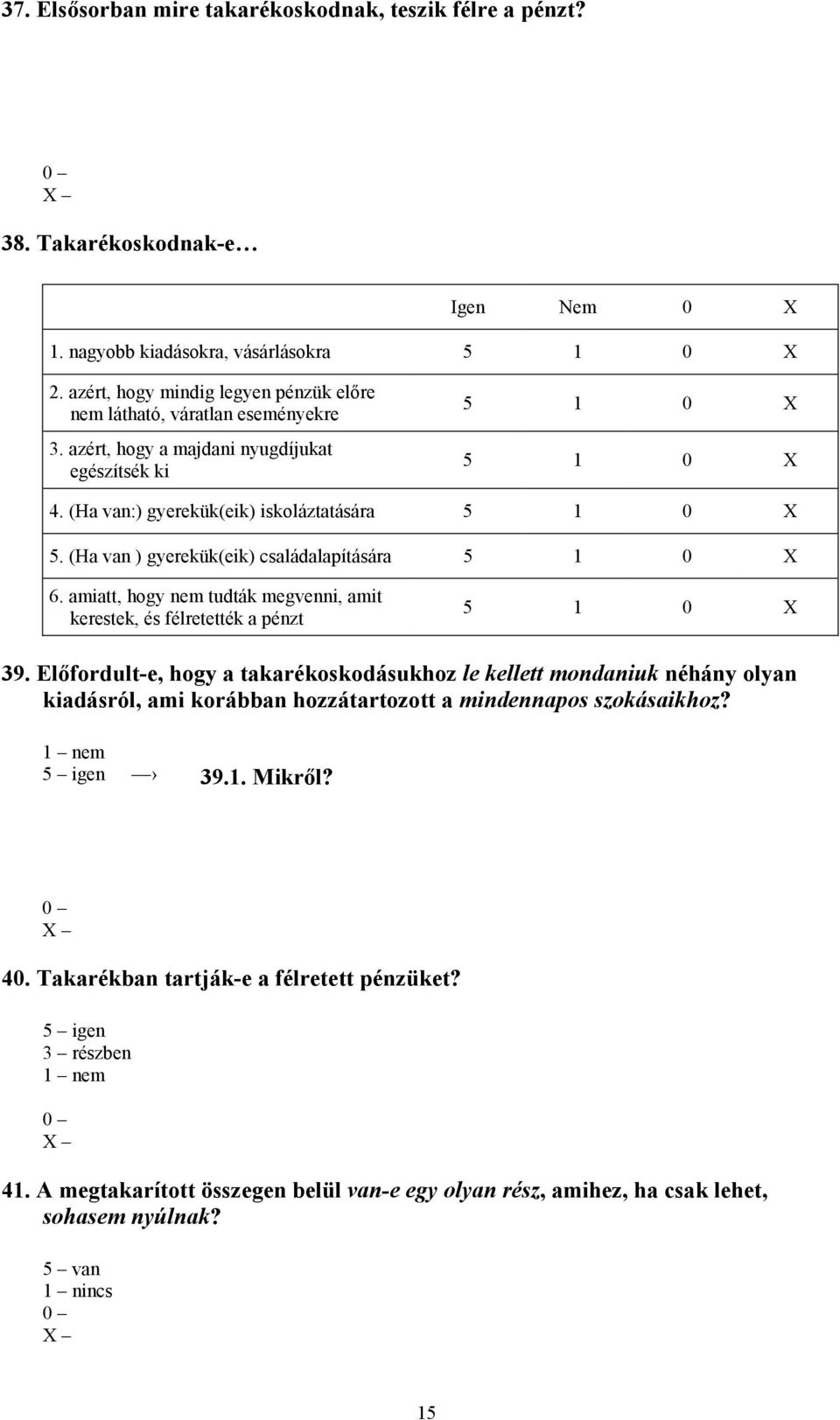 (Ha van ) gyerekük(eik) családalapítására 5 1 0 X 6. amiatt, hogy nem tudták megvenni, amit kerestek, és félretették a pénzt 5 1 0 X 39.