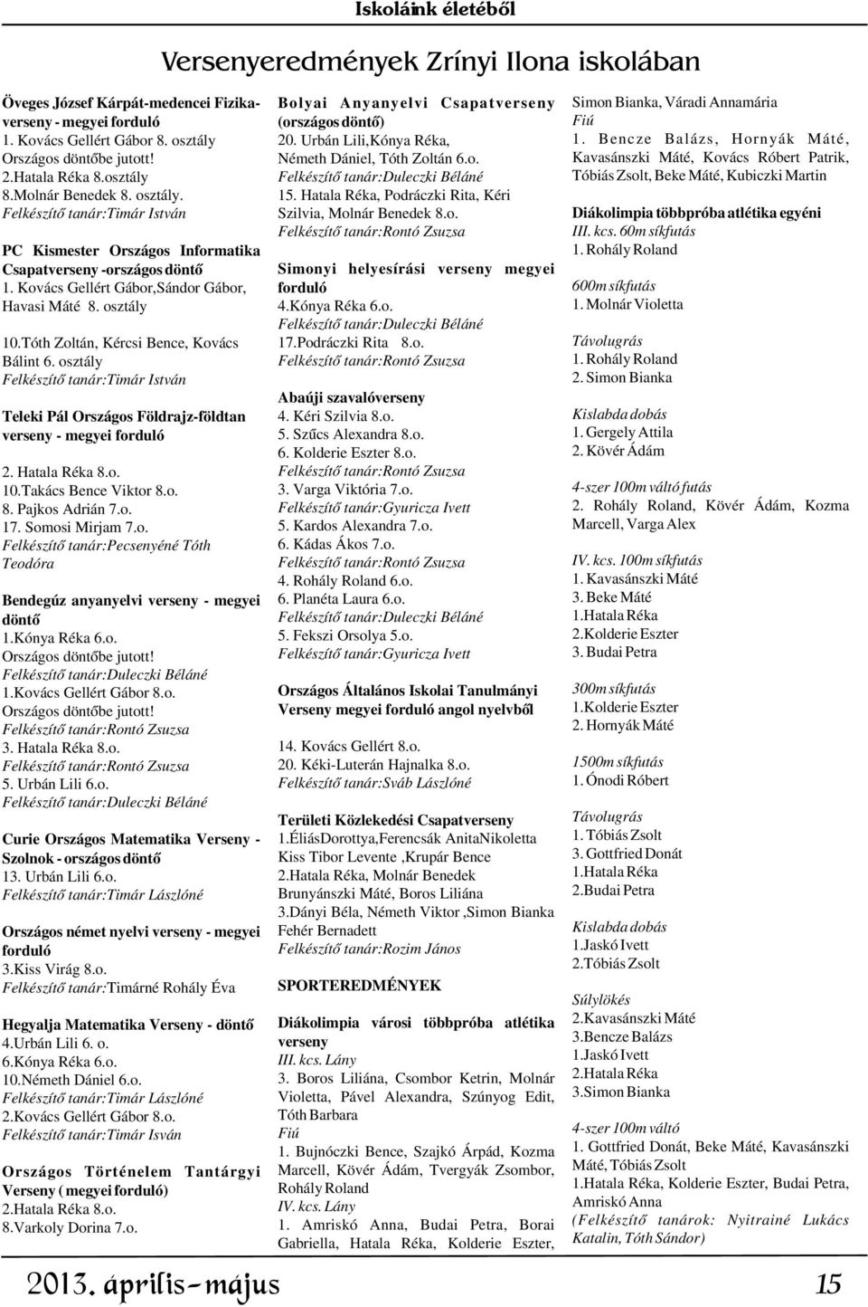 Hatala Réka, Podráczki Rita, Kéri Felkészítõ tanár:timár István Szilvia, Molnár Benedek 8.o. Felkészítõ tanár:rontó Zsuzsa PC Kismester Országos Informatika Csapatverseny -országos döntõ Simonyi helyesírási verseny megyei 1.