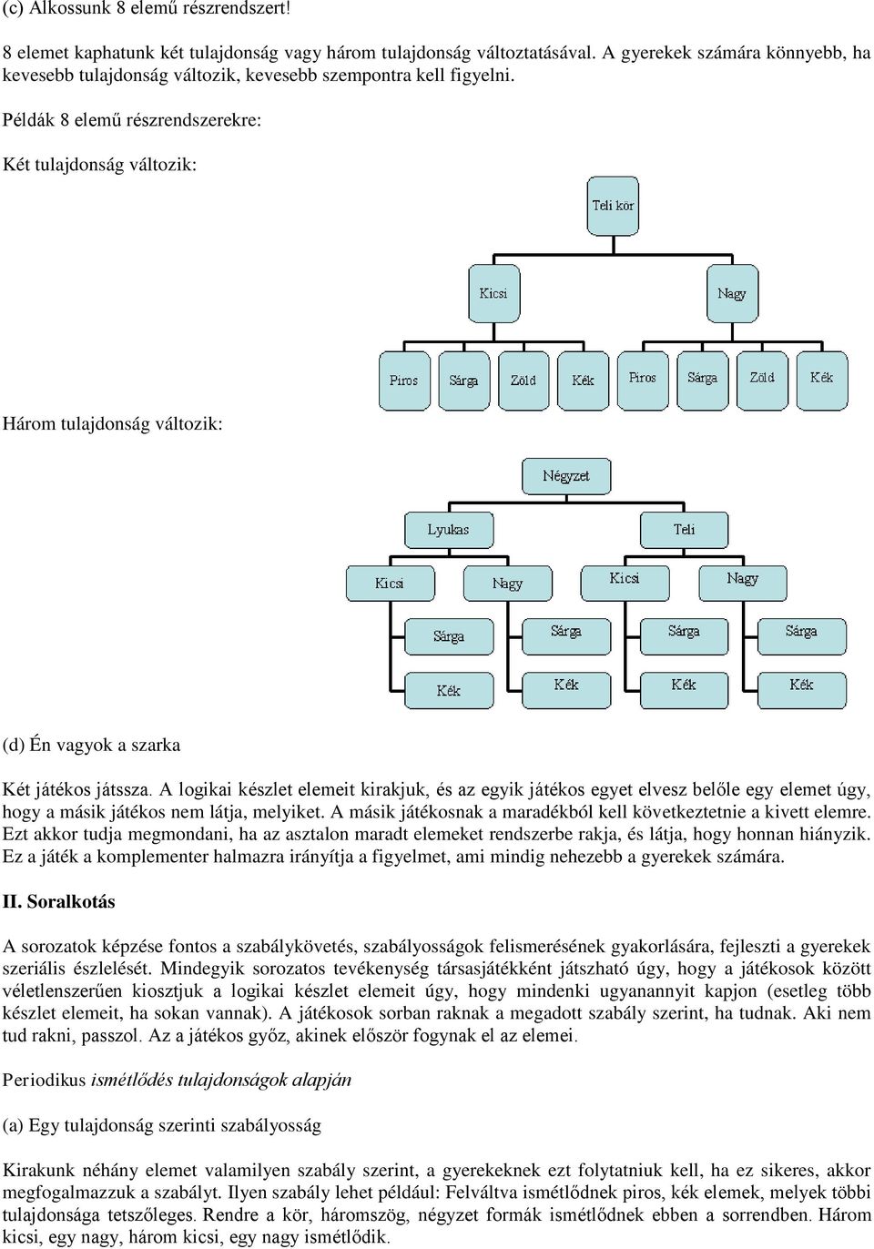 Példák 8 elemű részrendszerekre: Két tulajdonság változik: Három tulajdonság változik: (d) Én vagyok a szarka Két játékos játssza.