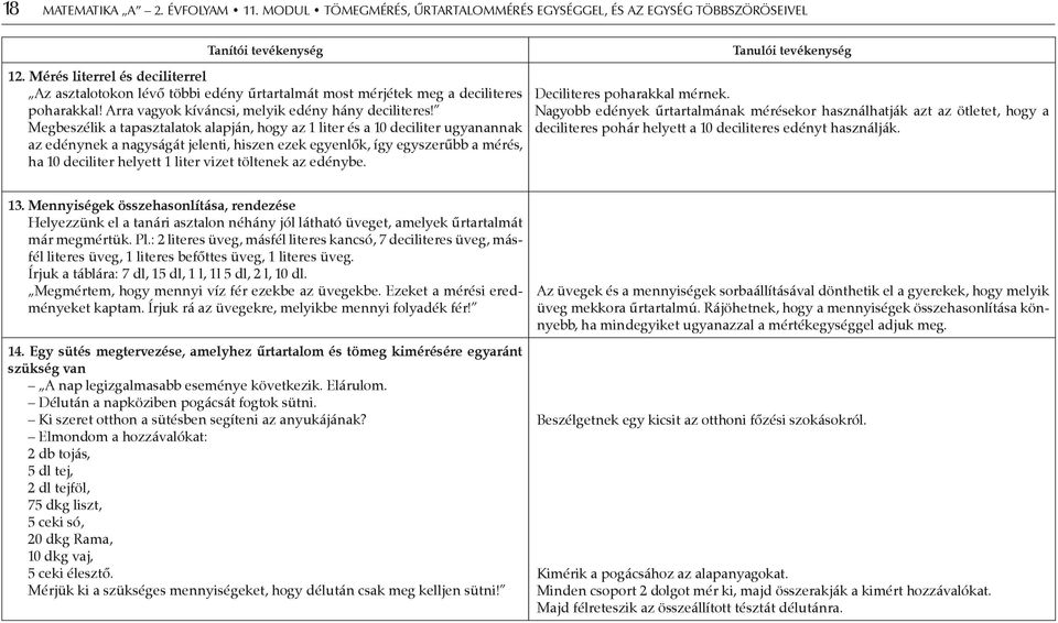 Megbeszélik a tapasztalatok alapján, hogy az 1 liter és a 10 deciliter ugyanannak az edénynek a nagyságát jelenti, hiszen ezek egyenlők, így egyszerűbb a mérés, ha 10 deciliter helyett 1 liter vizet