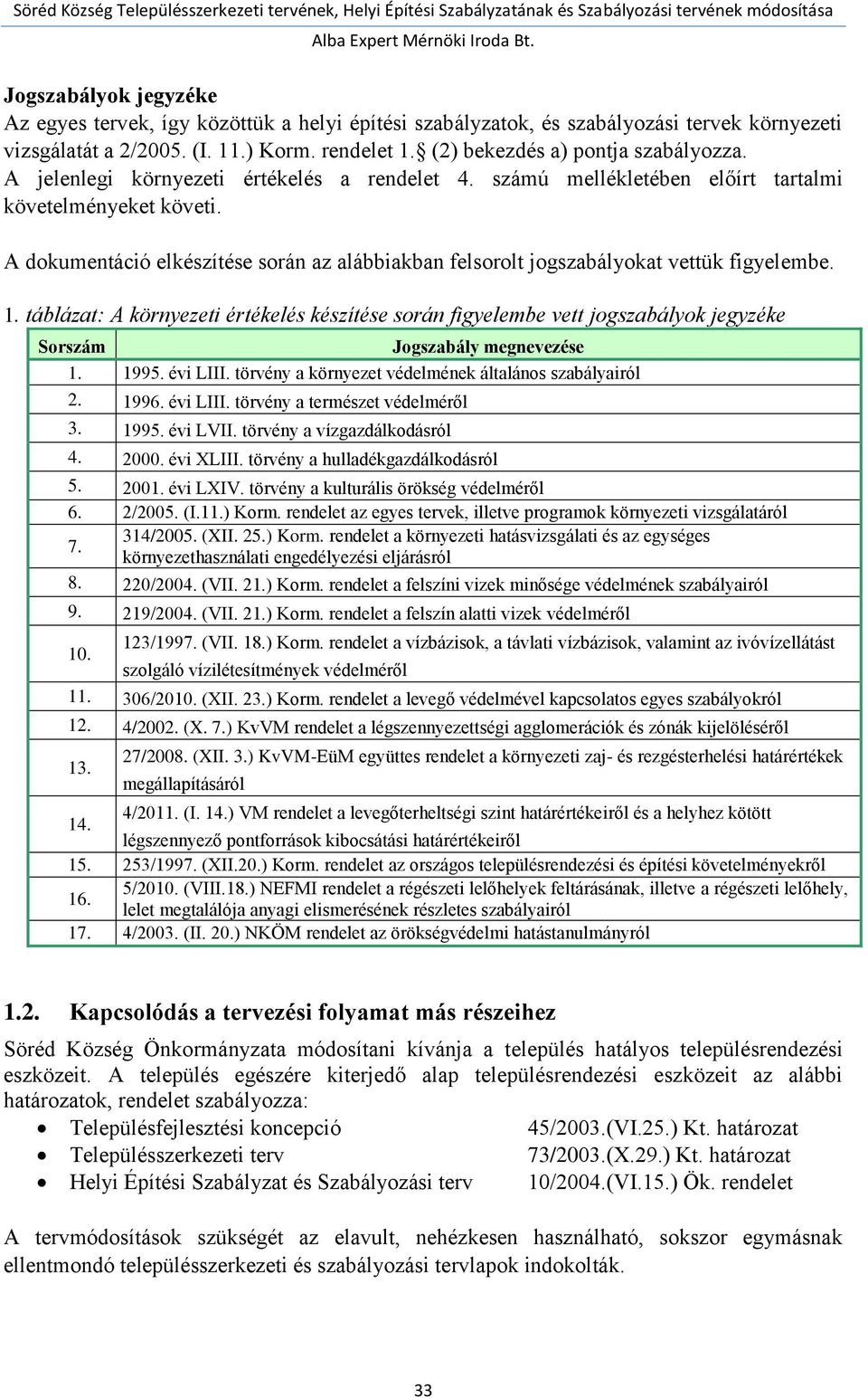 1. táblázat: A környezeti értékelés készítése során figyelembe vett jogszabályok jegyzéke Sorszám Jogszabály megnevezése 1. 1995. évi LIII. törvény a környezet védelmének általános szabályairól 2.